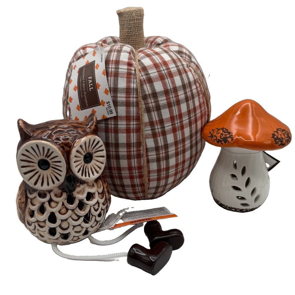 Lot of 3 Fall Decorations Fabric Pumpkin Light Up Mushroom Owl Hobby Lobby NEW